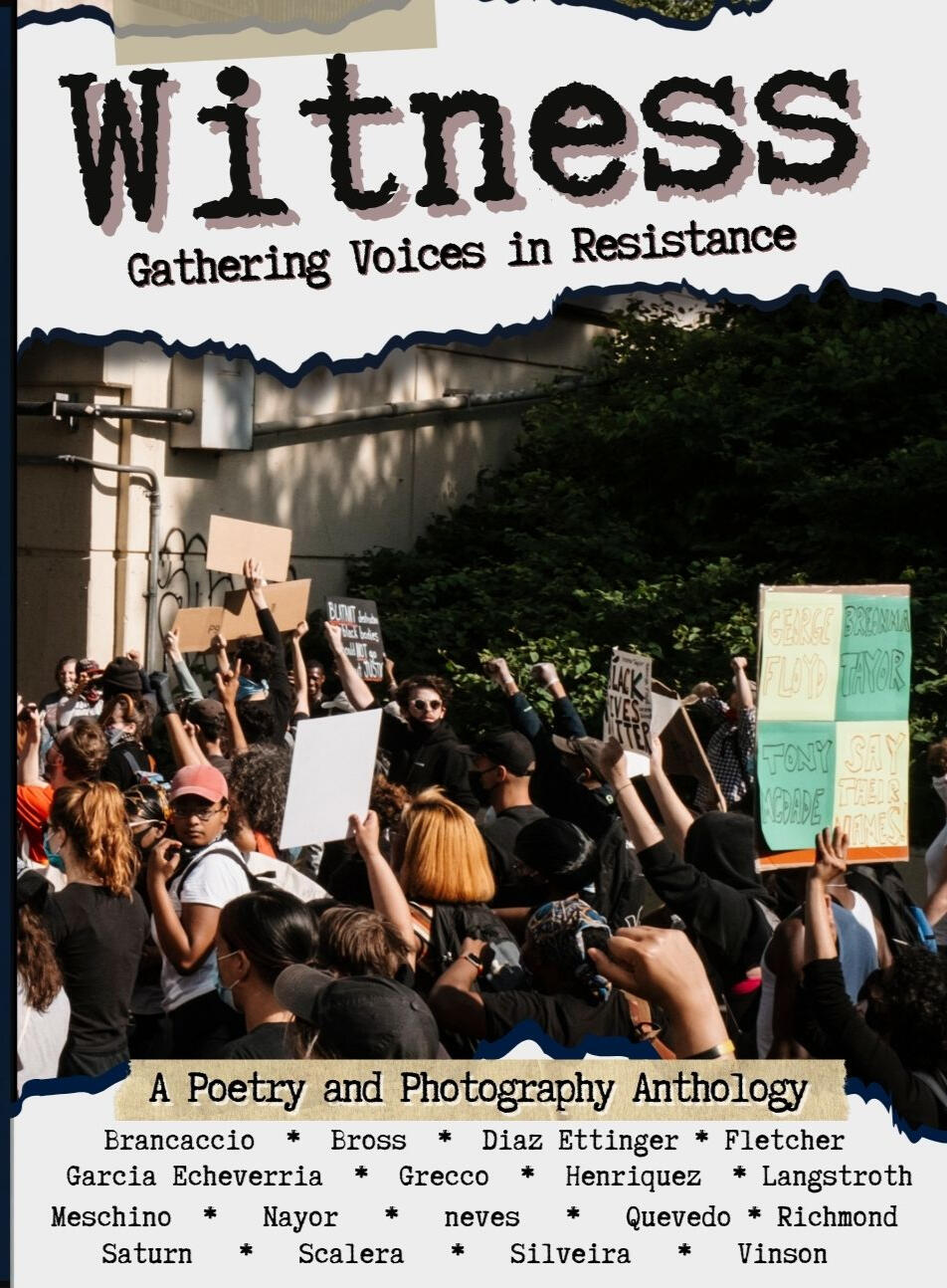 A picture of a book cover. The title reads "Witness: Gathering Voices in Resistance" The center has a picture of people protesting on a highway. There is also at the bottom a list of the books contributors.